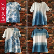 Tie-dyed clothes Dali Yunnan Bai handmade T-shirt plants blue dyed cotton round neck men and women short sleeves