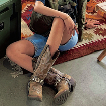 Hot Girl West Cowboy Boots Pointed Coarse Heel Sleeve Mid-Cylinder Boots 2021 New Metal Chain Fashion Women Boots Tide