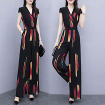 Fashion casual jumpsuit V-neck black womens 2021 summer new printing slim jumpsuit high waist wide leg pants
