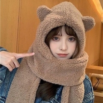 Winter new bear hat scarf gloves one-piece three-piece cute Joker thick plush warm ear protection girl
