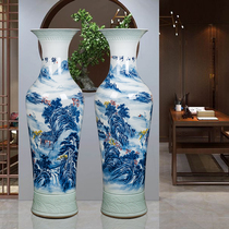 Jingdezhen ceramic living room floor large vase blue and white landscape hotel office TV cabinet decoration decoration