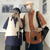 (Seven years)Korea ins Japanese retro port style fake two loose frock solid color short-sleeved shirt men and women tide