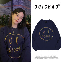 Ouyang Nana with drew smiley face sweater women 2021 New plus velvet padded round neck loose oversize