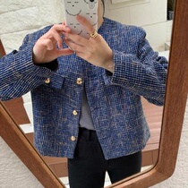 Korea chic autumn niche French crewneck chic single-breasted loose small plaid jacket short jacket