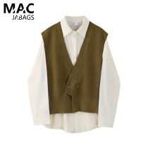 Brand discount V collar knit waistcoat Vest Suit Woman Outlap Design Feel Fold in shirt Two sets