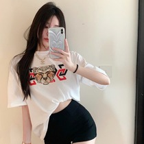 Tiger-head printing in long pure short sleeve T-shirt women summer new design hot sisters in relaxed short coat