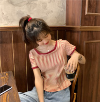Square neck striped ice silk pink short-sleeved T-shirt womens 2022 summer new high-end fashion all-match short top