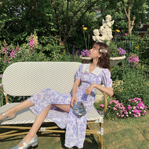  (seven years)Literary lace stitching lapel floral dress 2021 bubble sleeve waist side split chiffon skirt