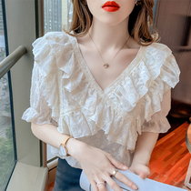 Super fairy embroidery ruffle cross V-neck Chiffon shirt womens 2021 summer new loose fashion half sleeve top