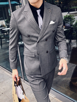 Double-breasted suit mens suit business Dress Casual groom wedding dress mens suit Korean version of trend slim