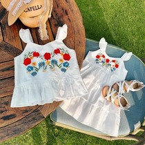 Girl suspender skirt 2021 summer new net Red foreign air air vest dress embroidered white children embroidered dress dress