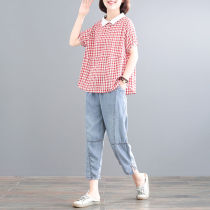 One-piece set new loose size age Plaid retro casual fashion jeans set women Summer thin