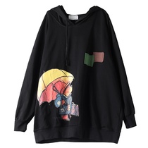 Plain size loose literary long sleeve hooded sweater summer dress new patch printing pattern Joker casual top