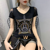 Hot diamond gown shirt 2021 new sexy net gauze beauty back short sleeve womens strapless top Joker slim T-shirt women