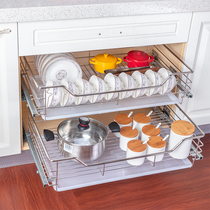 Solid 304 stainless steel double pull basket kitchen cabinet drawer type drain rack cabinet damping dishes basket