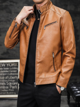 Leather leather clothing mens sheepskin spring and autumn stand-up collar leather jacket Korean version slim trend handsome motorcycle clothing mens jacket