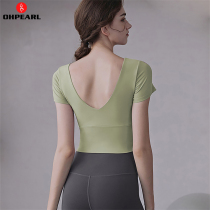 OHPEAR with chest cushion yoga conserved female summer short sleeve blouses suit tight and beautiful back breathable Plati training suit