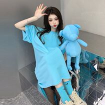  Light blue short-sleeved t-shirt womens 2021 new net red loose 100 pure cotton student niche long tide brand top tide