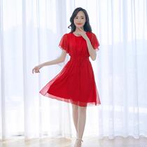 Temperament waist lace-down age dress female summer thin chiffon short sweet fairy little red French