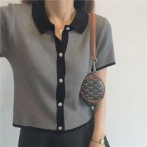  Contrast color Hong Kong flavor college style T-shirt short-sleeved knitted cardigan top female summer student casual style POLO collar short-sleeved