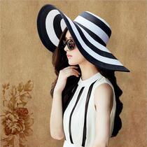 Hat Women Summer Outing Sunscreen Straw Hat Oversized Along black and white stripes Seaside beach Big Brim Beach Visor
