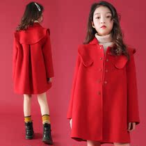 Korean girl woolen coat 2021 autumn and winter New trench coat girl middle child red medium long foreign style coat