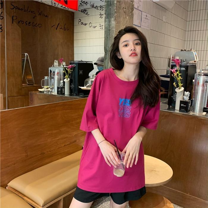 Korean oversized dragon fruit letter printing short-sleeved T-shirt womens 2021 summer loose and wild college wind top