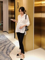Pregnant woman white shirt Spring short long sleeve Spring and Autumn wear womens loose coat summer belly Korean version of professional wear