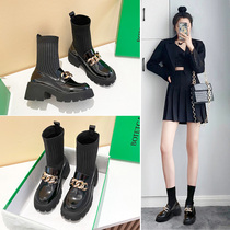 Hong Kong Knit Womens Shoes High Help Line Boots 2021 Autumn Winter Metal Buckle Slim Slim Boots Woman HEIGHTENED THICK BOTTOM LIGHT JK FEMALE BOOTS