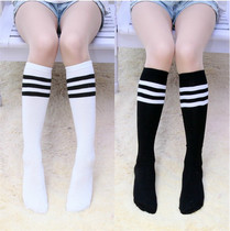 Spring and summer womens thin socks Mens middle tube white stockings Pure cotton student striped socks Football socks Sports stockings