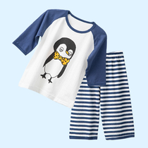 Pure cotton air conditioning clothing Cotton summer childrens pajama suit thin boy and girl seven-point sleeve middle and large childrens home clothes