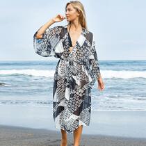 Fire Phoenix-Mu new black and white geometric circle stripe jacquard beach sunscreen bikini swimsuit blouse wide