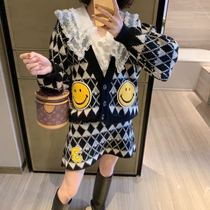 Coat Women tide ins autumn and winter cartoon smiley face vneck cardigan loose Korean knitted sweater womens suit skirt two-piece set