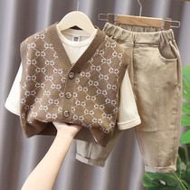 Tide brand Boy autumn suit 2021 baby boy Korean sweater cardigan vest baby Foreign autumn three-piece set