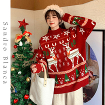 Sandro Blanca Christmas red semi-turtleneck sweater female autumn winter lazy wind thickened loose knit sweater