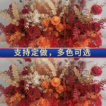 New hotel wedding champagne gold road guide flower row fake flower stage decoration silk flower art wedding hall background flower