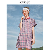 Wide color 2021 summer new Korean female ins Super fire college style plaid loose Polo collar dress