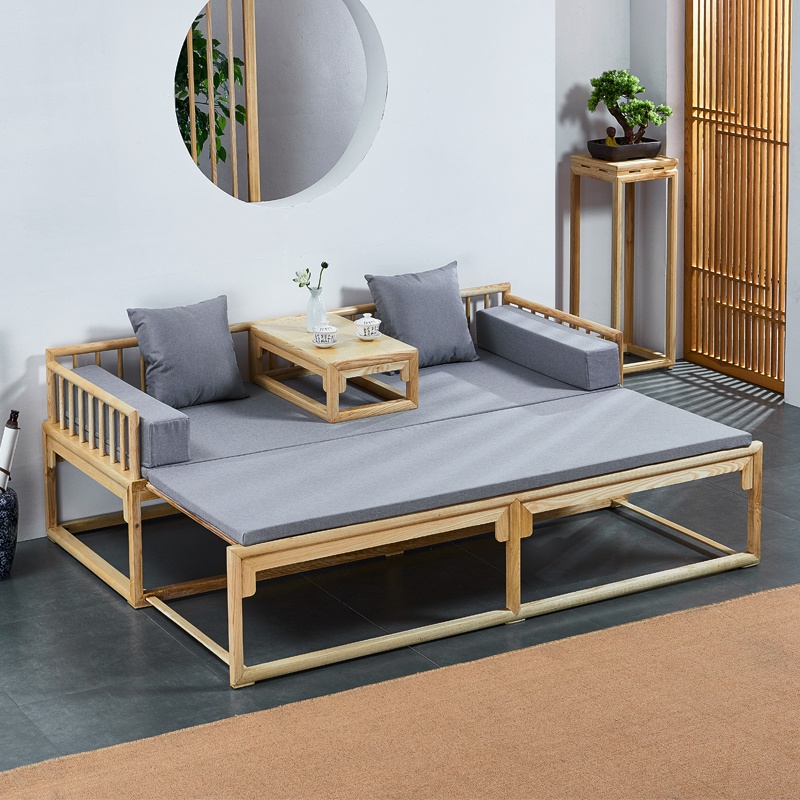 New ash wood push-pull Arhat bed Small apartment living room telescopic two-use bed New Chinese solid wood sofa log