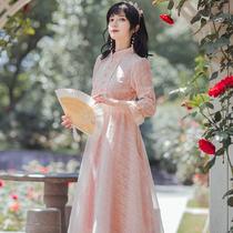 2021 autumn new womens lace waist slim Medium-length dress retro small stand collar seven-point bubble sleeve dress