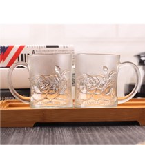 Heat-resistant glass cup rose pattern frosted couple pair cup gift cup beer cup tea cup beverage cup