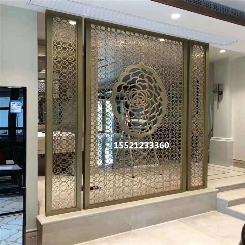 Titanium metal stainless steel screen partition hollow living room aluminum carved black light luxury grille Chinese modern porch