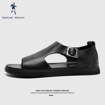 Dancing with the wolf Dancing Leather Sandals Men Genuine Leather 2022 New Summer Outwear Men Casual Roman Beach Shoes