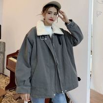 Winter new students Korean tooling cotton clothes female ins Hong Kong wind loose imitation rabbit fleece jacket plus velvet thickened cotton coat