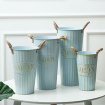 Iron flower bucket flower bucket retro iron flower bucket home living room dried flower decorative flower bucket hemp rope large wake up flower bucket