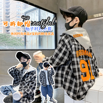 Boy plaid with cap shirt spring clothing 2022 new children foreign air lining clothes spring CUHK child blouses Chauded Street
