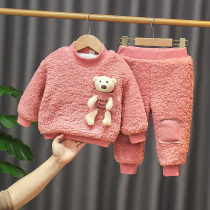 Girls autumn and winter baby plus velvet padded suit for boys and girls to keep warm two-piece set Toose children 0-4 years old 3 sets