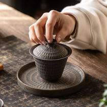 Retro rust glaze three-cap Bowl not hot ceramic tea cup single pot bearing kung fu tea set tea bowl with bottom support