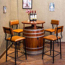 Old solid wood barrel iron leather by chair bar casual sound U music hall table wine barrel red wine rack cabinet now