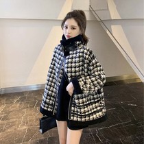 2021 winter new houndstooth stitching lamb fur one plus velvet padded loose motorcycle suit coat female