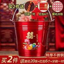 Wedding supplies stainless steel bucket red happy barrel rice barrel thick red bucket female bride dowry son bucket